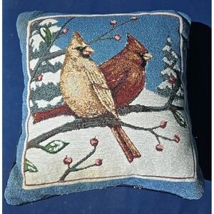 Vtg Cardinal Needlepoint Accent Throw Pillow Winter Forest Red Birds Male Female